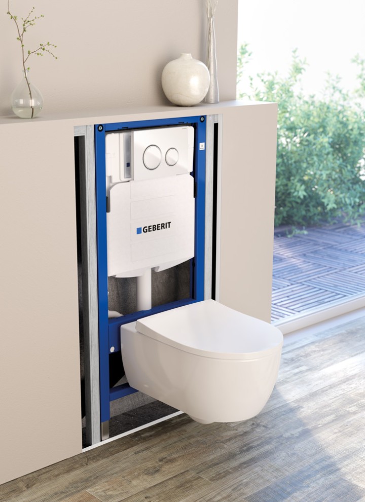 Geberit in-wall toilet system in open wall with Sigma21 flush plate