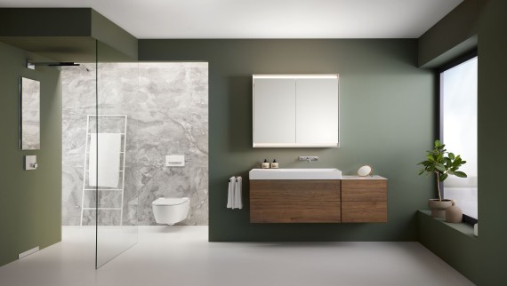 Spacious bathroom with wall-hung furniture and ceramics