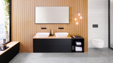 Bathroom with double washbasin and wall hung toilet