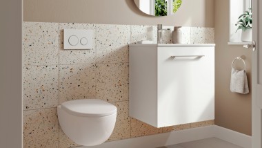 Small Geberit bathroom with wall-hung toilet and washbasin