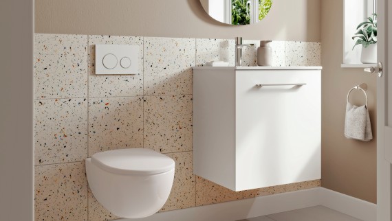 Small Geberit bathroom with wall-hung toilet and washbasin