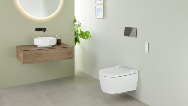 Pale green bathroom with wall-hung bidet toilet