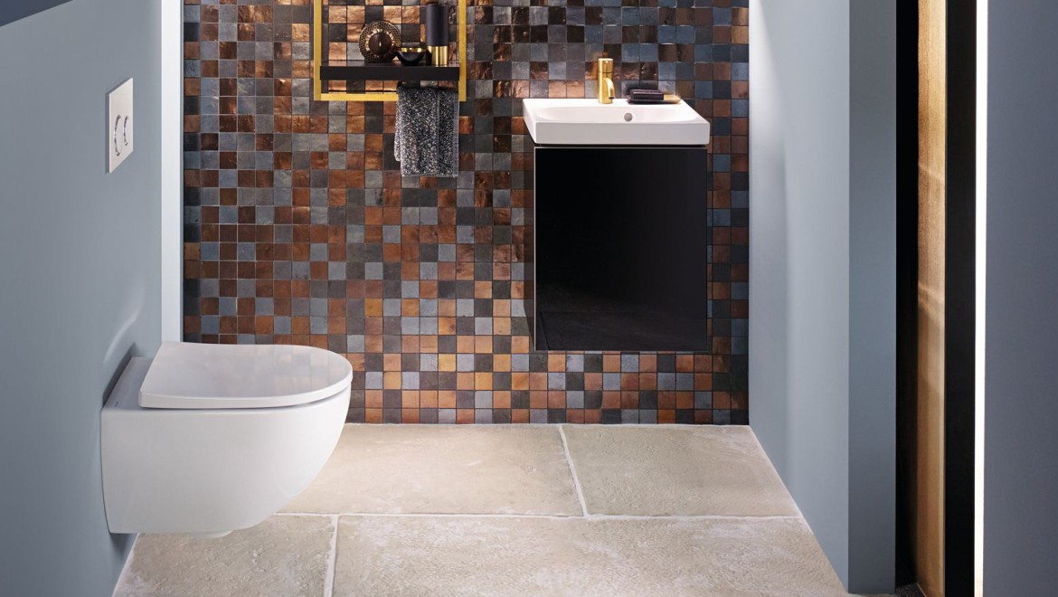 Modern bathroom in a tight space with wall-hung toilet and washbasin