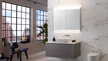 Urban bathroom with Geberit in-wall systems for wall-hung vanity and toilet