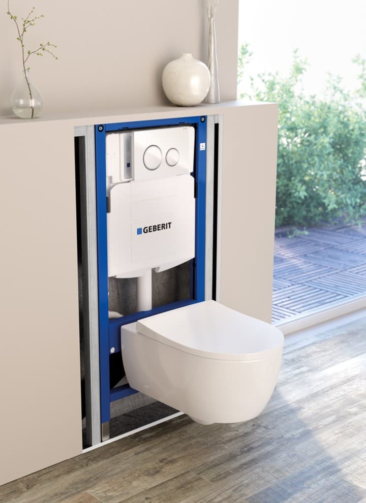 Geberit in-wall toilet system in open wall with Sigma21 flush plate Geberit in-wall toilet system in open wall with Sigma21 flush plate