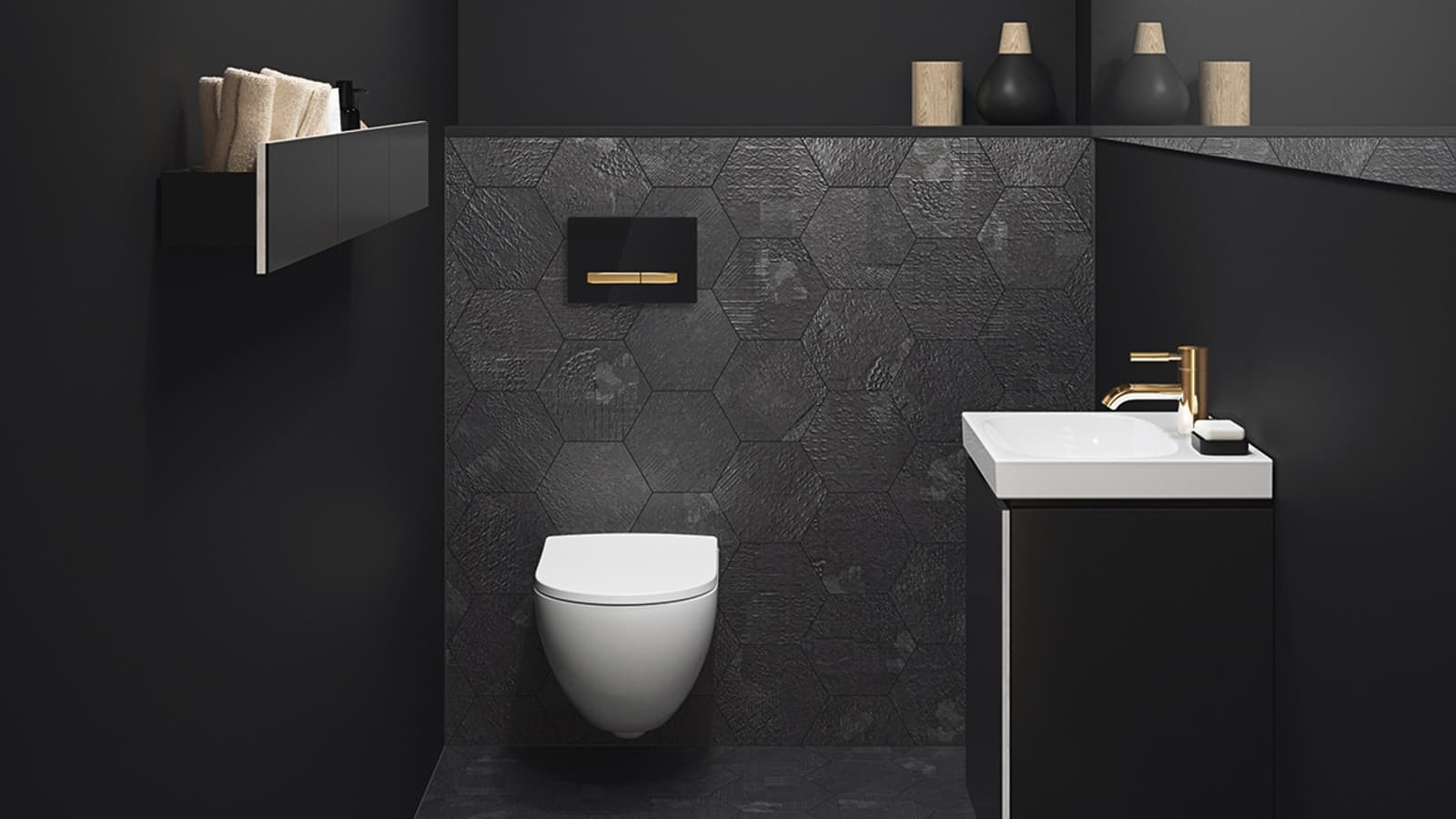 Private bathroom with Sigma50 flush plate in brass finish Private bathroom with Sigma50 flush plate in brass finish